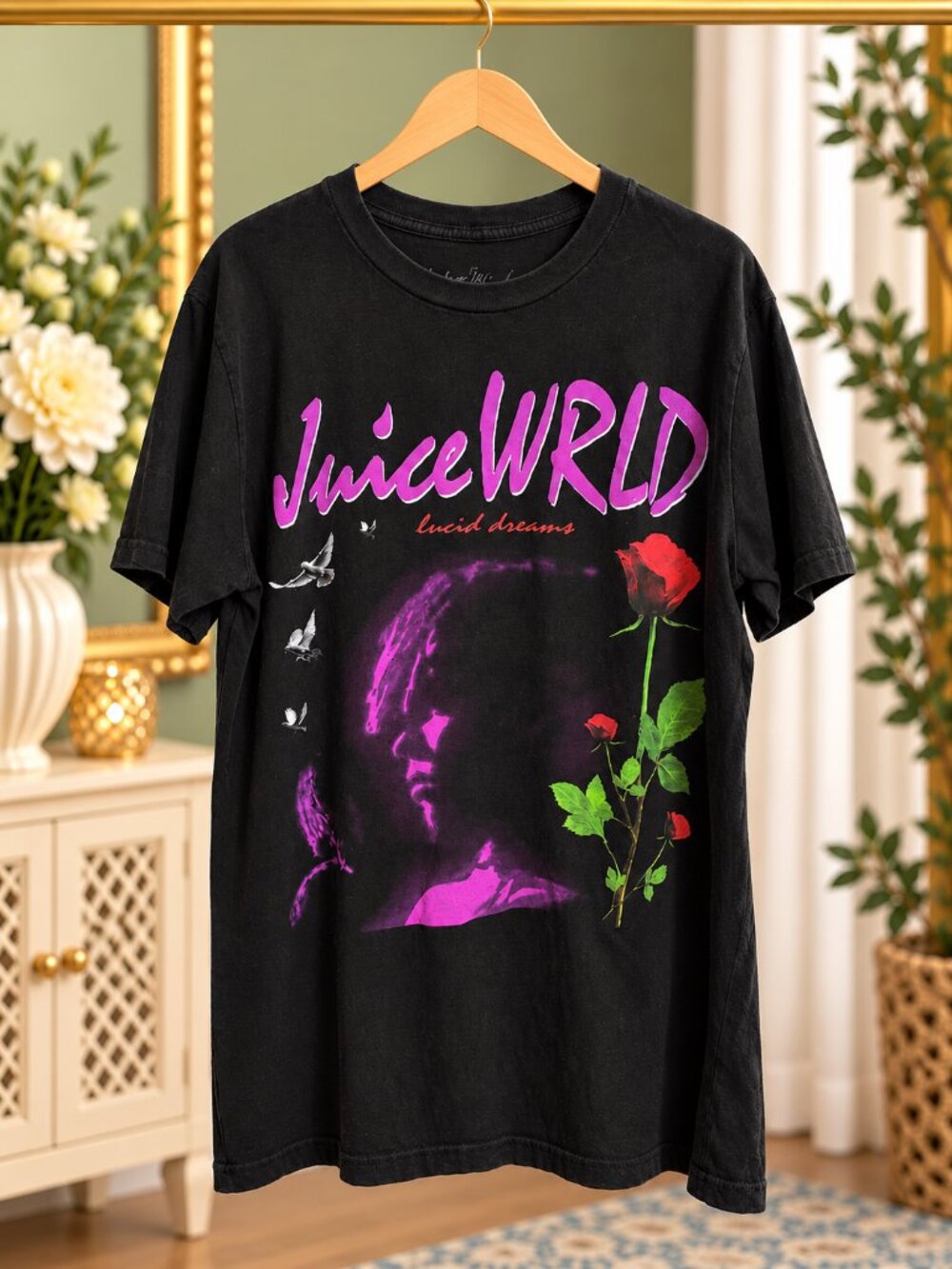 Juice WRLD Lucid Dreams Black Graphic Tee M Rose Doves 999 Rap Shirt